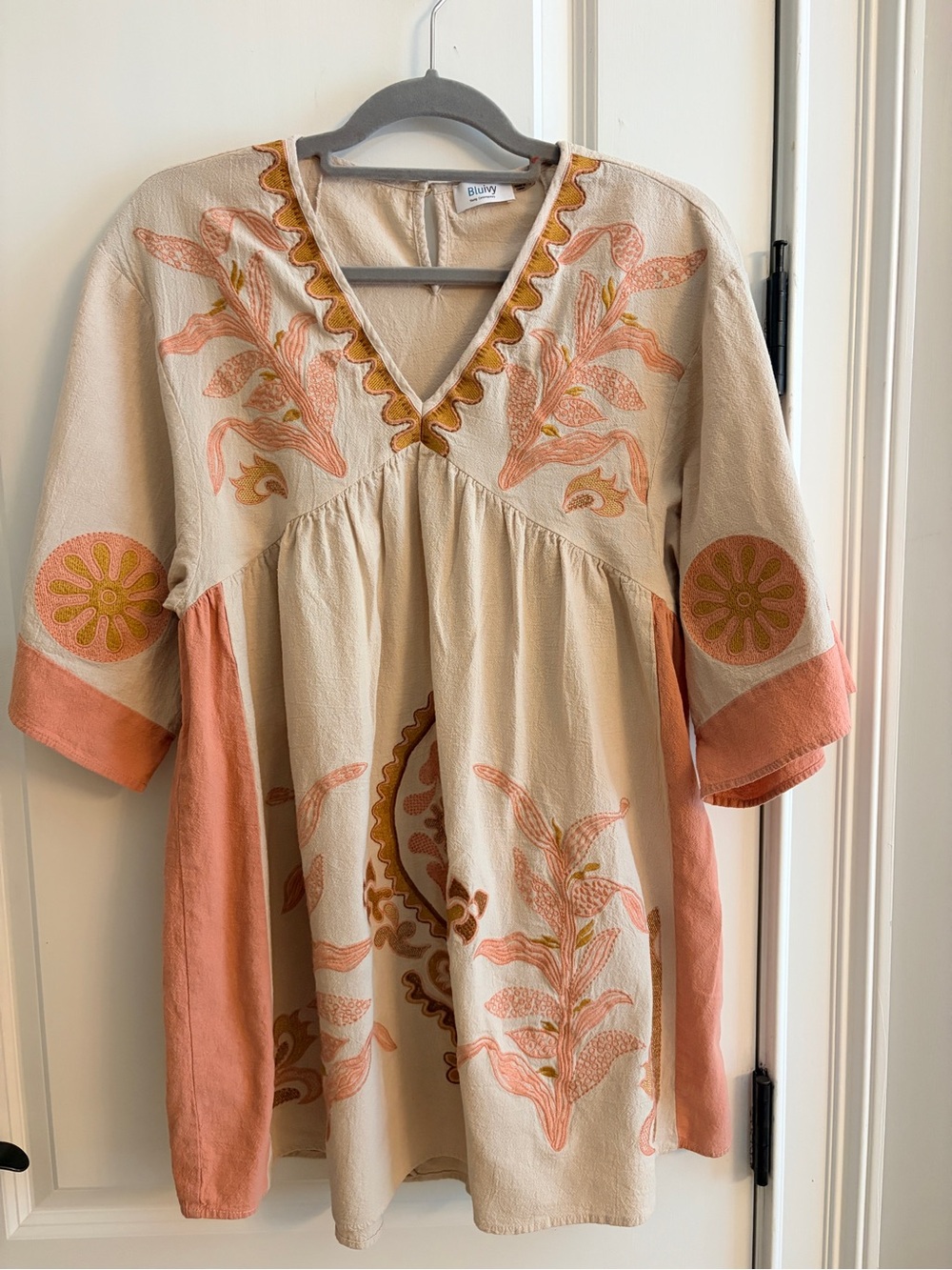 Bluivy Young Contemporary Cream mini dress Tunic Size S Boho 100% cotton